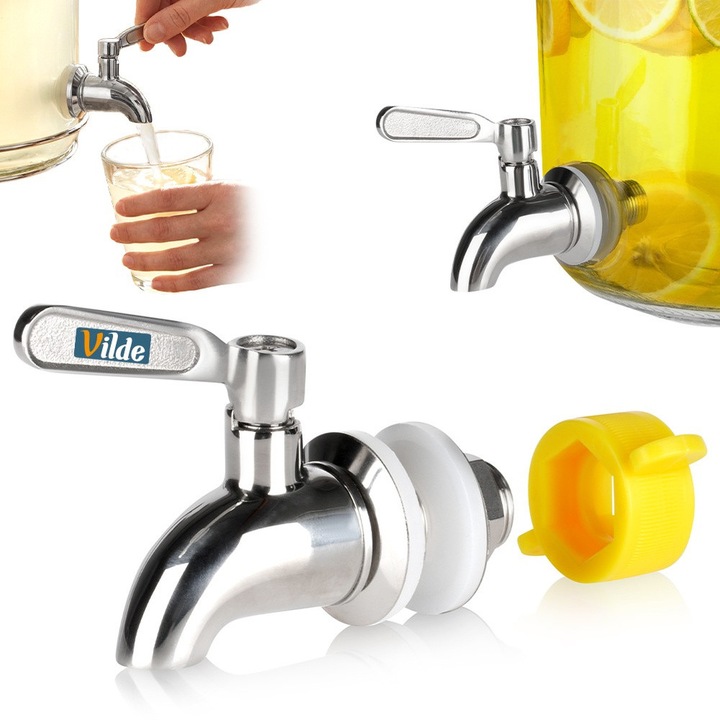 Резервен кран за диспенсър за напитки или стъклен буркан, Vilde, 10x6 см, сребърен, от висококачествена неръждаема стомана, универсален размер 25 мм, система против капене, включва уплътнения и фиксираща гайка