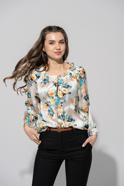 Hermosa, Bluza vaporoasa cu model, Turcoaz/Portocaliu deschis/Crem