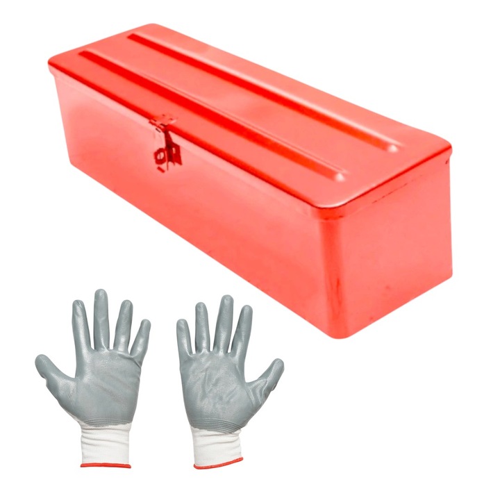 Преносима метална кутия за инструменти, 42x13x12 см, за домашна/професионална употреба с комплект защитни ръкавици