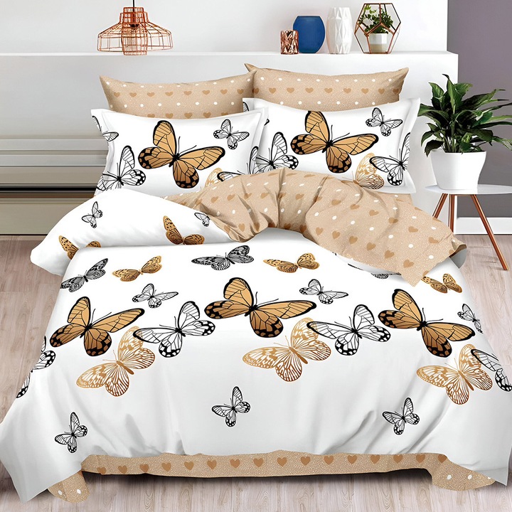 EmonaMall S18535 ágynemű, 6 részes, Gumis, Megfordítható, Fehér/Narancssárga