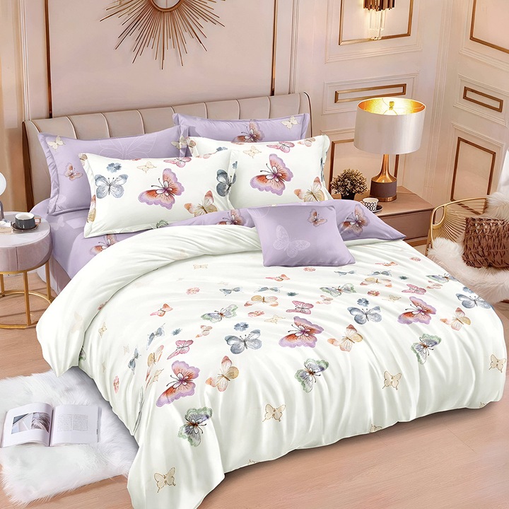 EmonaMall S18910 ágynemű, 6 részes, Gumis, Kétoldalas, Fehér/Világoslila