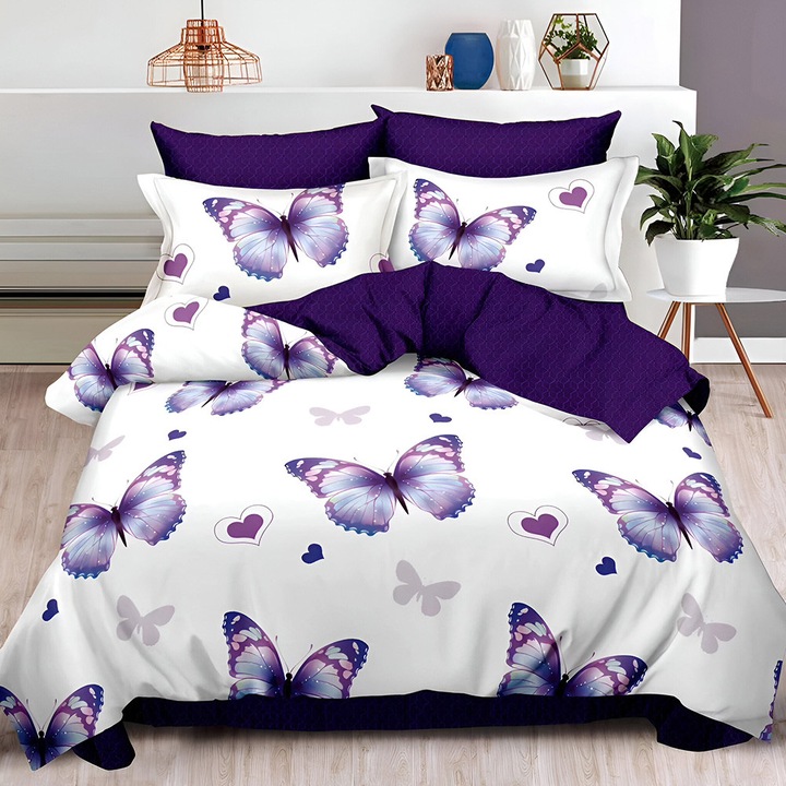 EmonaMall S18523 ágynemű, 6 részes, gumis, kétoldalas, fehér/lila