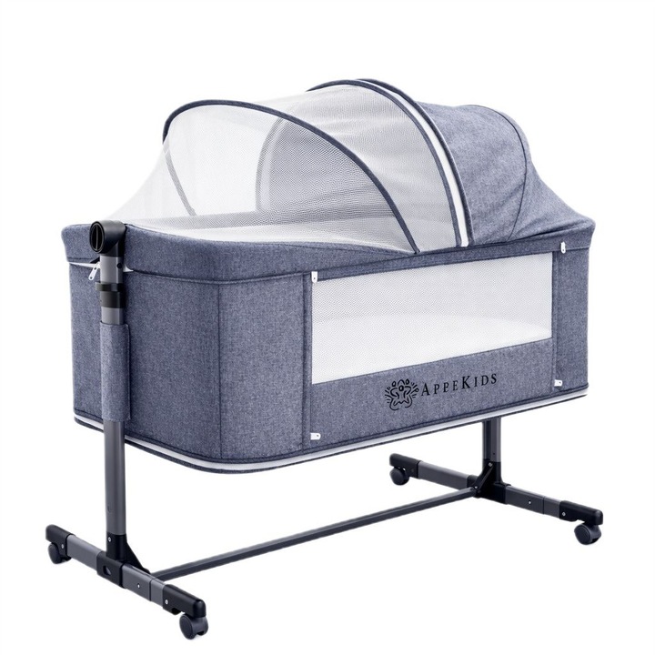 Patut Bebe Co-sleeper Multifunctional 4 in 1 Appekids Dreamy, Evolutiv, cu Functie de Balansare, Tarc de Joaca, Anti-Reflux, 5 Trepte Inaltime - Grey