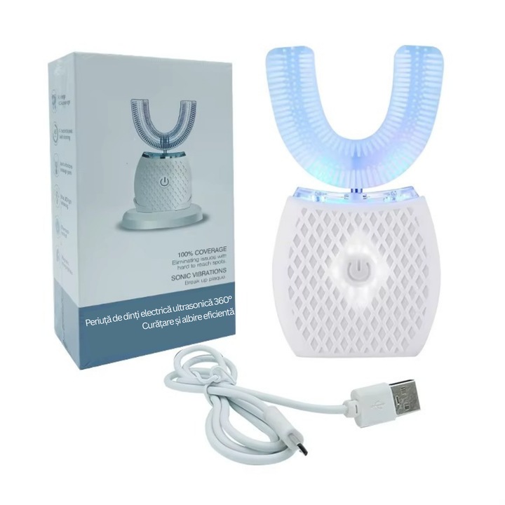 Nexonix® 2 az 1-ben elektromos fogkefe – fogtisztítás és -fehérítés, U-típusú automata felnőtteknek, 360°, IPX7 vízálló, vezeték nélküli töltés, 4 mód, gyors tisztítás 45 másodperc alatt, 4800 rezgés/perc, puha szilikon sörték