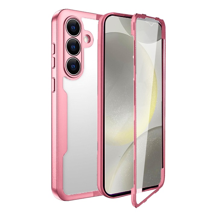 Калъф 360 градуса, съвместим със Samsung Galaxy S26 Plus, с включен протектор за екран, удароустойчив, против пожълтяване, против надраскване, издръжлив, повдигнати ръбове 3 мм, розов/прозрачен