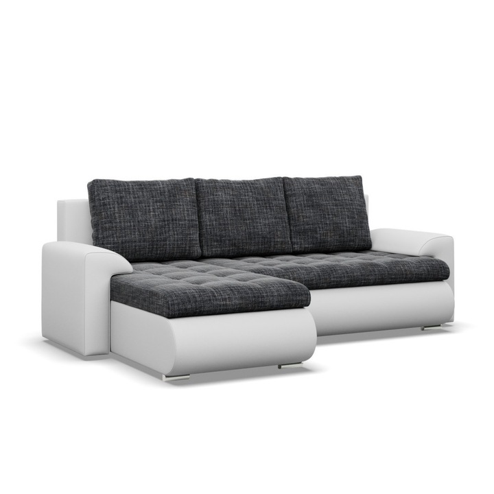 Tokio sarokkanapé, 2 ágyneműtartóval, fonott + műbőr, baloldali, sötétszürke - fehér