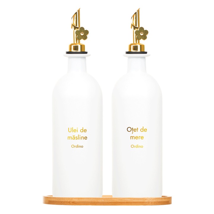 Set 2 sticle din sticla, Ordino, pentru ulei si otet, albe, cu picurator auriu si tava bambus, etichete aurii in RO incluse