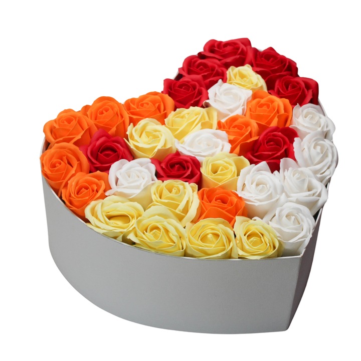 Aranjament floral, Golden Sunset, 33 trandafiri, cutie inima alba