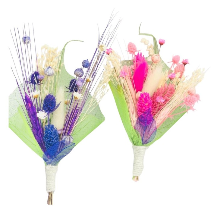 Set 2 cocarde floare de piept, Eventissimi, Dried Natural Voal, 12x6x4 cm, flori naturale uscate si frunze fosilizate voal, prindere brosa metalica