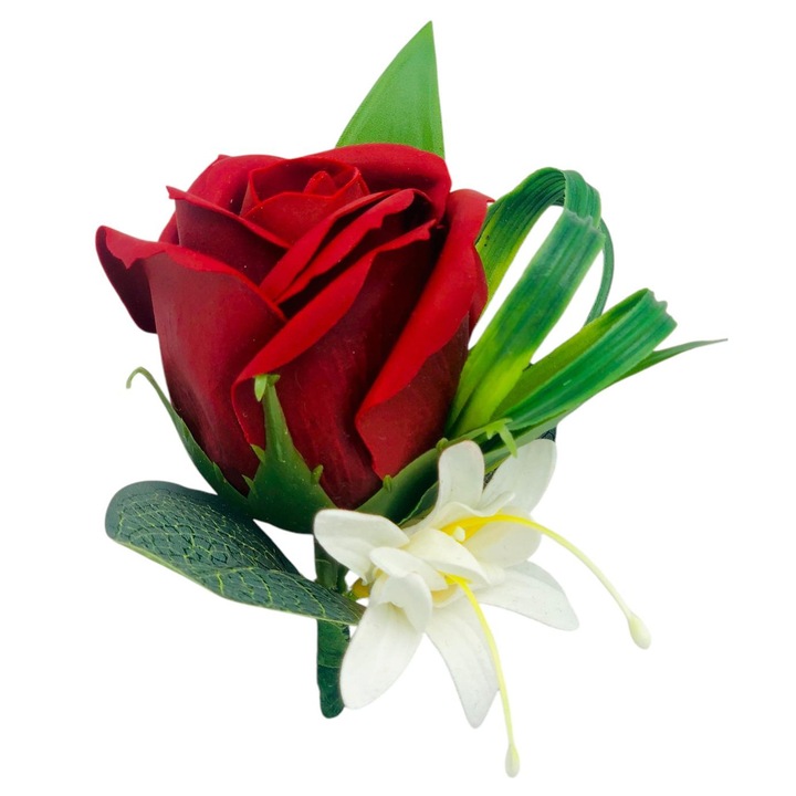 Cocarda floare de piept, Eventissimi, Soap Rose Elegant, 10x5 cm, trandafir din sapun, prindere brosa metalica