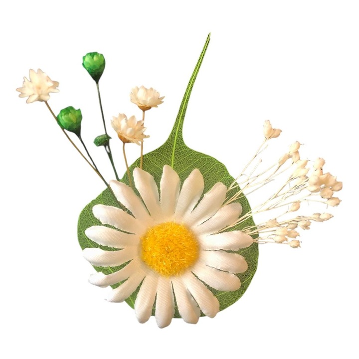 Cocarda floare de piept, Eventissimi, Silk Daisy Natural, 5x5x2 cm, margareta din matase, flori naturale uscate, prindere brosa metalica