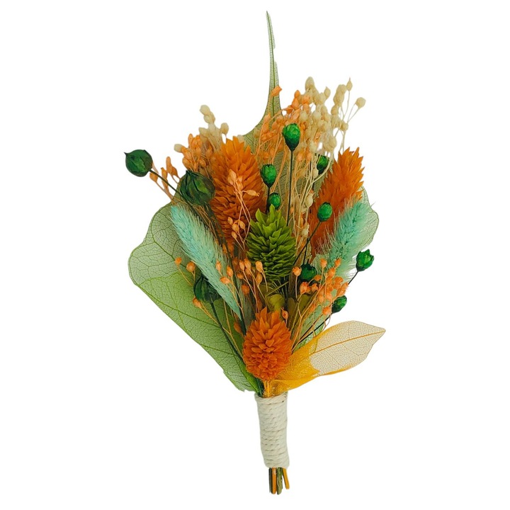 Cocarda floare de piept, Eventissimi, Dried Floral Elegance, 10x5x3 cm, flori naturale uscate, prindere brosa metalica