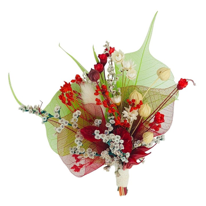 Cocarda floare de piept, Eventissimi, Dried Floral Voal, 10x10x3 cm, flori naturale uscate, frunze tip voal, prindere brosa metalica