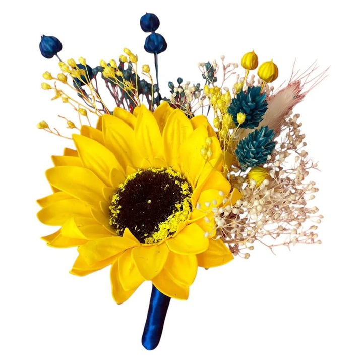 Cocarda floare de piept pentru nunta traditionala, Eventissimi, Sunflower Soap Traditional, 10x8x3 cm, floarea soarelui din sapun, flori naturale uscate, prindere tip T