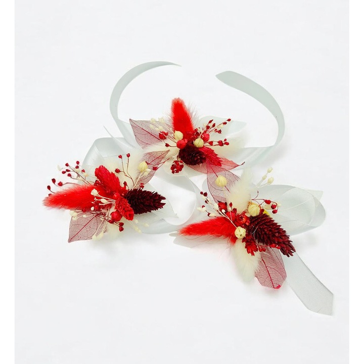 Set 3 corsaje bratara, Eventissimi, Red Dried Floral, 3.5x3.5x1.5 cm, flori naturale uscate rosii, panglica saten rosie