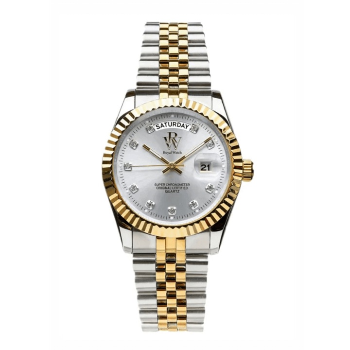 Ceas de mana de la Royal Watch, argintiu cu auriu, cadranu argintiu, RW 110/CH