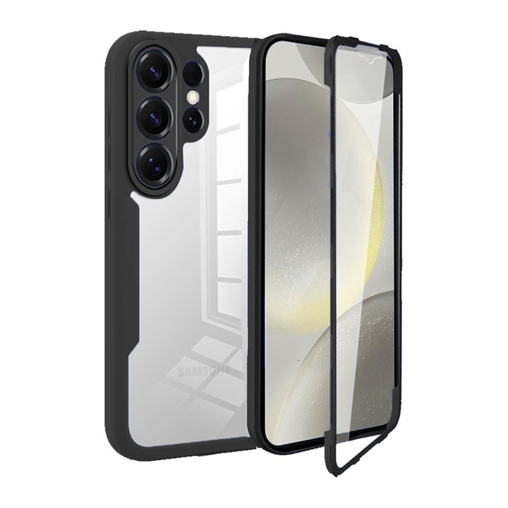 Калъф 360 градуса, съвместим със Samsung Galaxy S26 Ultra, с включен протектор за екран, удароустойчив, против пожълтяване, против надраскване, издръжлив, повдигнати ръбове 3 мм, черен/прозрачен