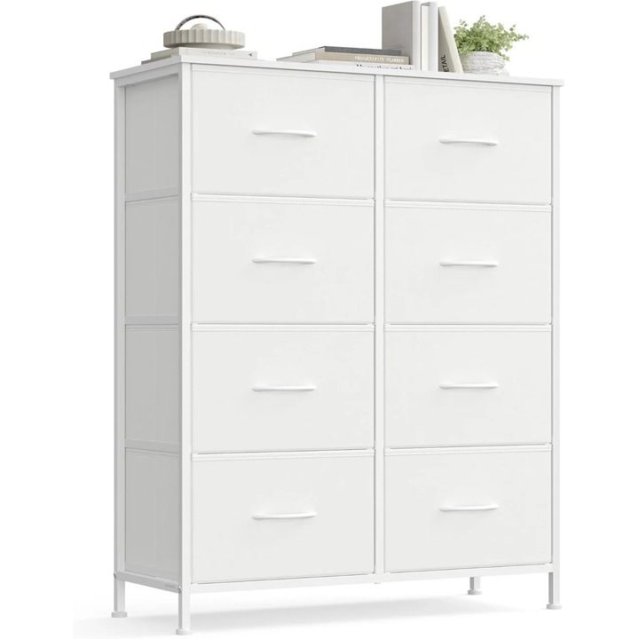 Comoda inalta cu 8 sertare Songmics, otel/MDF/textil, alb, 76, 7 x 30 x 92, 5 cm