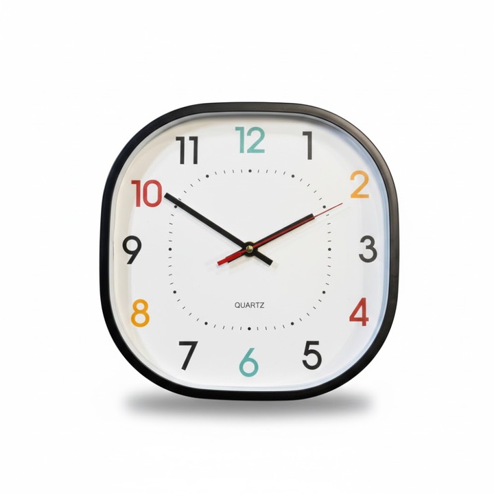 Ceas de Perete Quartz, Design Modern Patrat cu Margini Rotunjite, Cifre Arabe Colorate, Rama Neagra