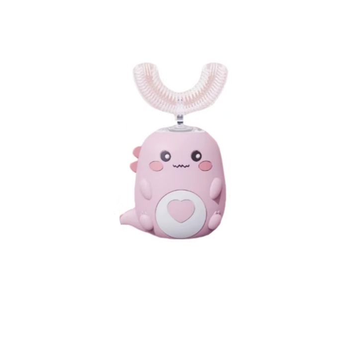 Nexonix® automata elektromos fogkefe gyermekeknek, U-típusú, 360°, 3 mód, IPX7 vízálló, Type-C vezeték nélküli töltéssel, szilikon sörték, 2 és 6 év közötti gyermekek számára, rózsaszín