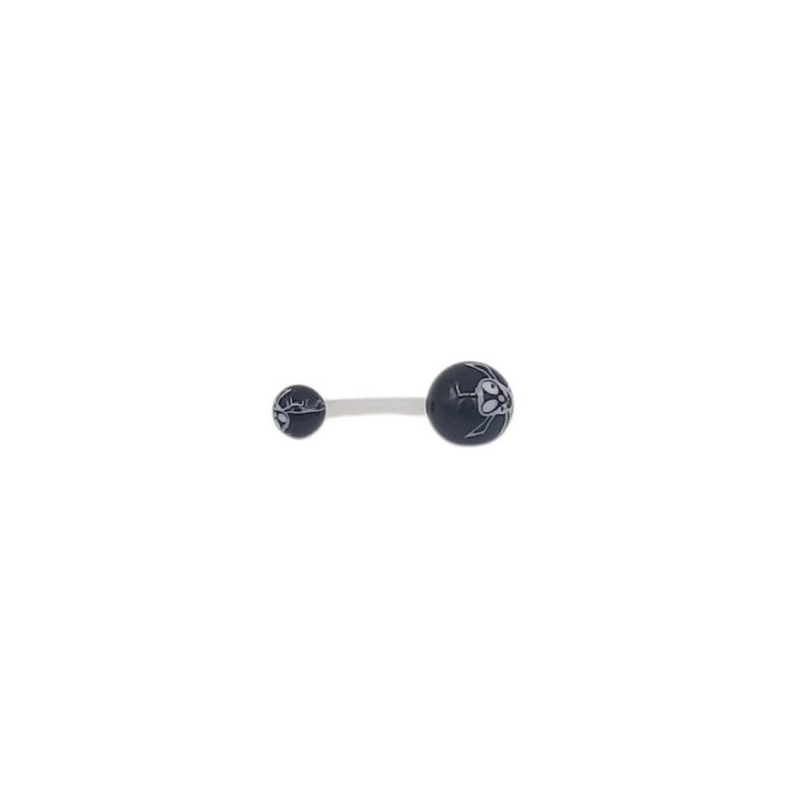 Percing de buric din silicon cu bile de plastic la capete de 8 si 4 mm cap de mort cu alb si negru 2, 5 cm Carmen