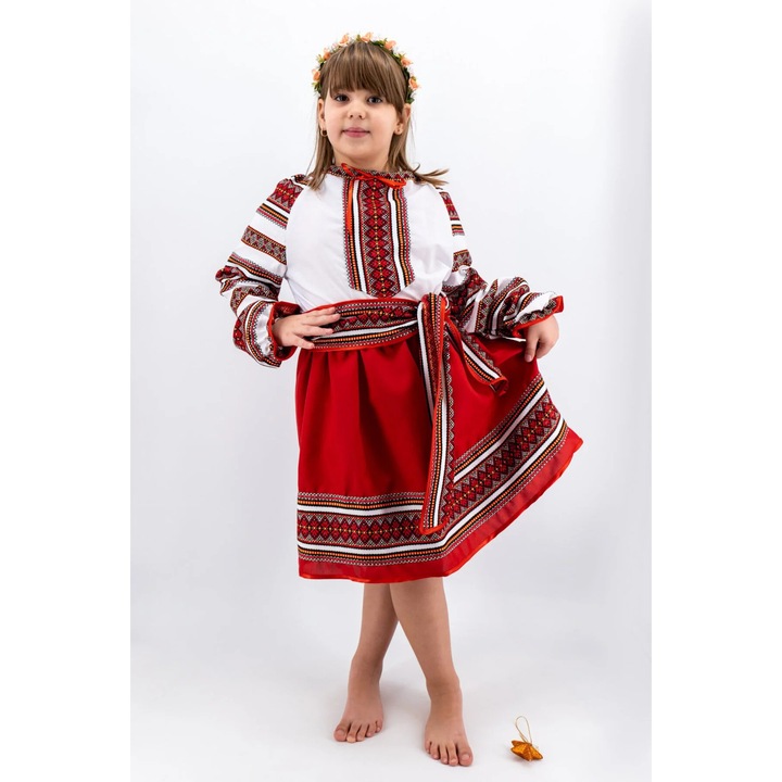 Традиционен костюм за момиченце Андра Роуз, комплект, бяла блуза с червено-черно-жълта бродерия, червена пола, 98 CM