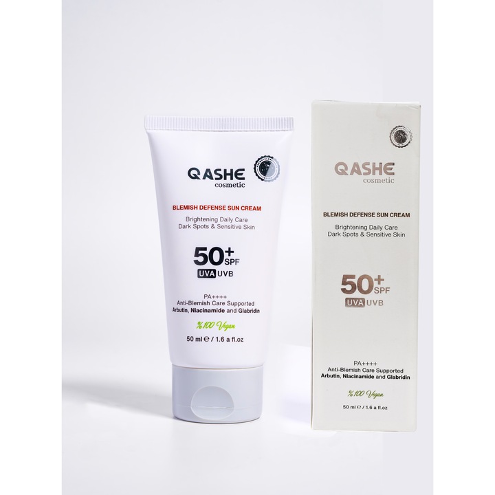 Crema de protecție solară QASHE Blemish Defense SPF 50+, protecție UVA/UVB, textură ușoară, pentru ten, 50ml