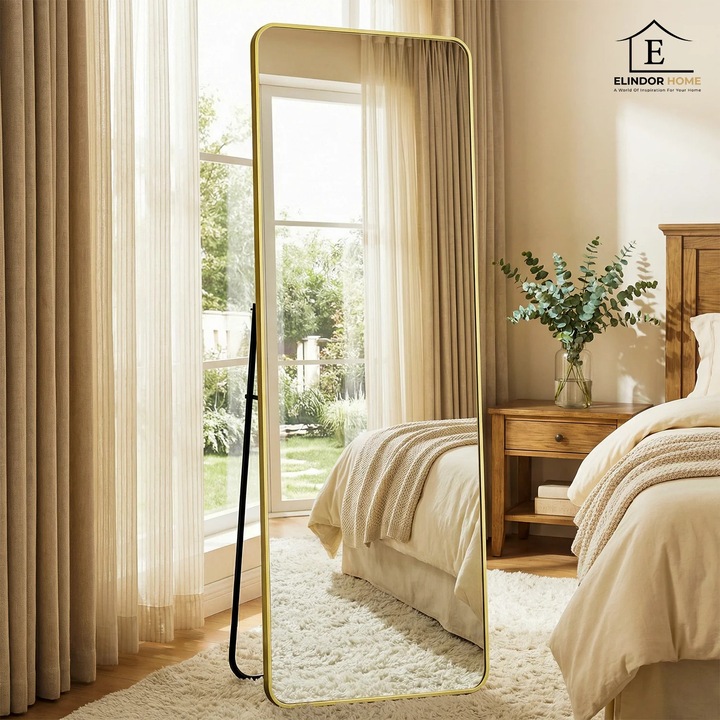 Златно подово огледало Elindor® Декоративно, Вертикално, Правоъгълно, Заоблени ъгли, Сгъваема стойка, Монтаж на стена или под, Идеално за спалня, всекидневна, офис, коридор, съблекалня или сватба, Перфектно за булка, Алуминиева рамка, 150x40 см