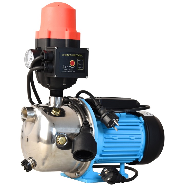 Хидрофорна помпа JX 1100, ALUVRA, корпус от INOX, 1100 W, дебит 3600 л/ч, макс. налягане 5 бара, автоматична, с електронен пресостат CSK 21 BRIO, регулируемо стартово налягане