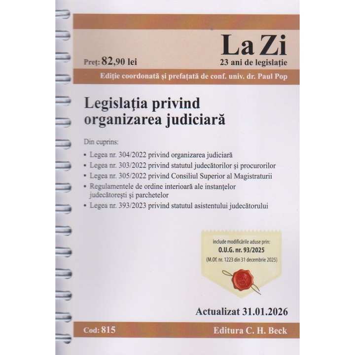 LegislaÈia privind organizarea judiciara. Cod 815. Actualizat la 31.01.2026, Paul Pop