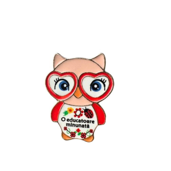 Martisor cu mesaj - O educatoare minunata, bufnita zambitoare, 3x2cm