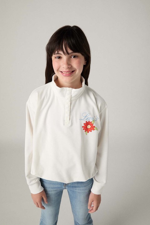 Levi's, Bluza cu flori brodate si guler inalt, Alb