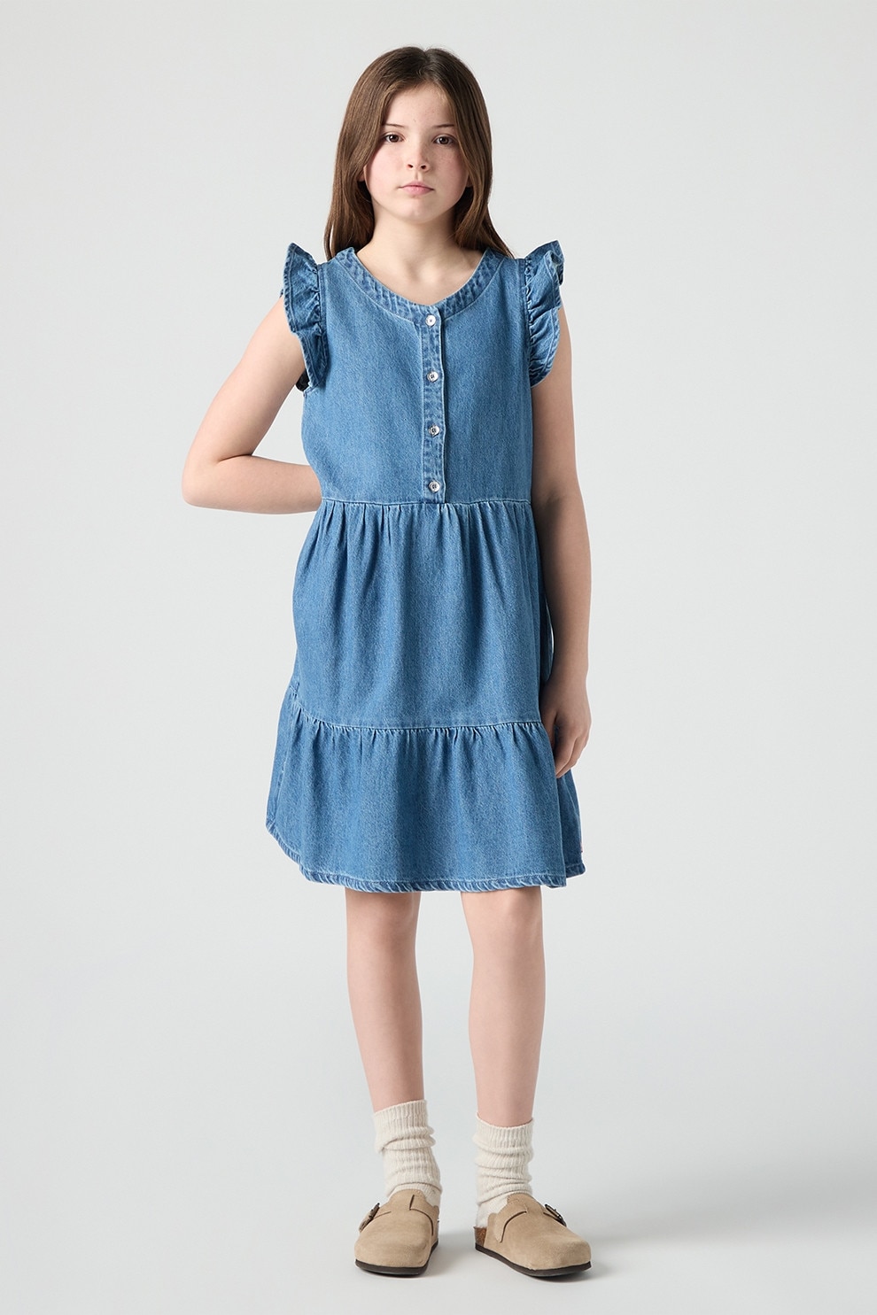 Levi's, Rochie stratificata din denim si mansete cu volane Flutter, Denim Blue, 158 CM
