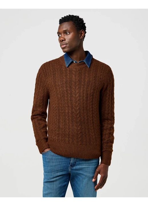 Pulover Barbati, Wrangler, Cable Knit Sweater, Regular Fit, Cu Guler, Caldura Si Confortabila, Design Clasic, Maneci Lungi, Poliester, Maro, Bronz