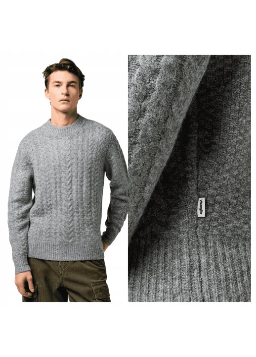 Pulover Barbati, Wrangler, Cable Knit Sweater, Regular Fit, Decolteu Rotund, Caldura Si Confortabila, Design Clasic, Maneci Lungi, Poliester, Gri, Gri