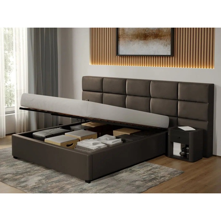 Pat tapitat Cico Rabatabil, C2, Capat Mare 307x114, din piele/stofa, 180x200, Ciocolatiu/Nube 29