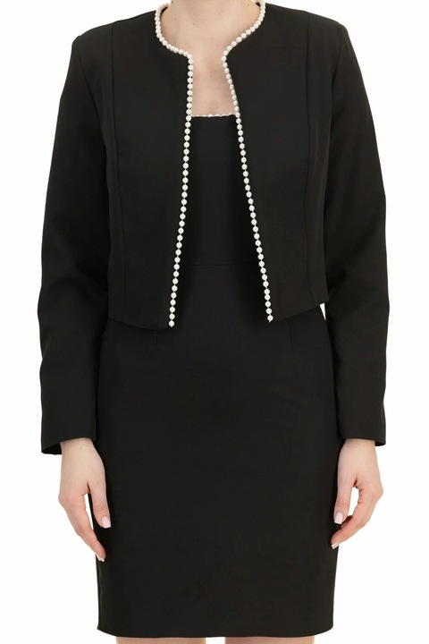 Sacou scurt din stofa elastica, croi drept, accesorizat cu perle Negru, Negru