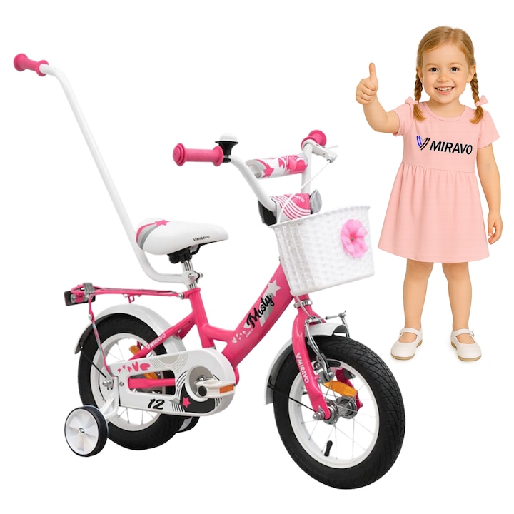 Bicicleta copii, Miravo, 12 inch, Roz-alb, Pentru fete, Cu cos, Cu ghidon de ghidare inclus