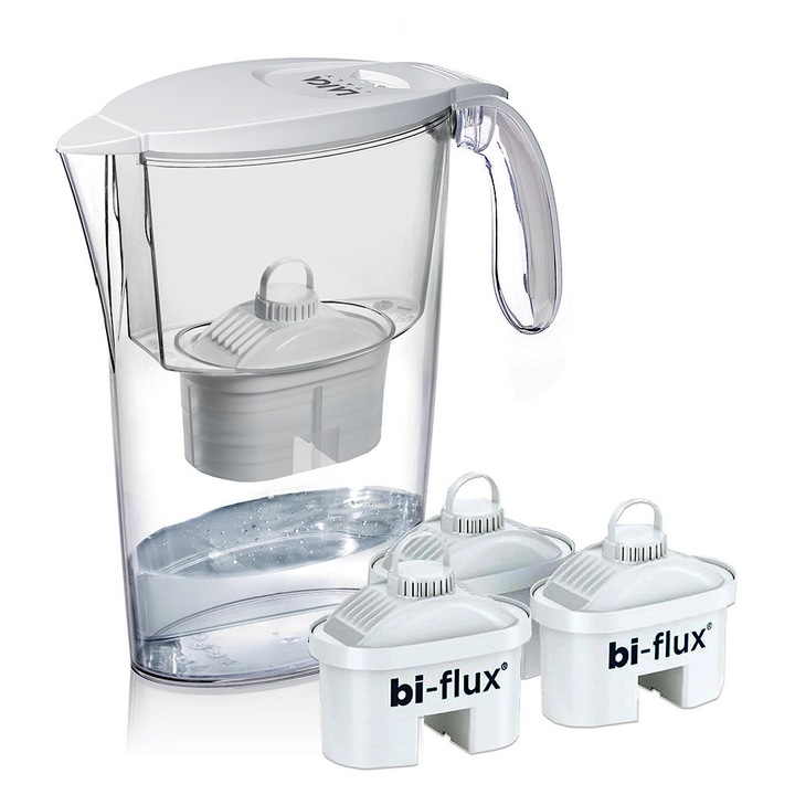 Pachet Cana filtranta de apa Laica Clear Line, 2.3 litri, Alb + 3 filtre Bi-flux
