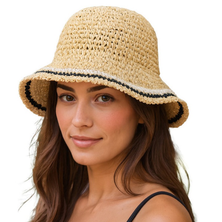 Palarie Dama de Vara din Fibre de Hartie Tip Paie, Bej, Bor Larg pentru Protectie Solara, Reglabila 56–57 cm, Usoara si Flexibila, Ideala pentru Plaja si Oras, – Agrafka unisize