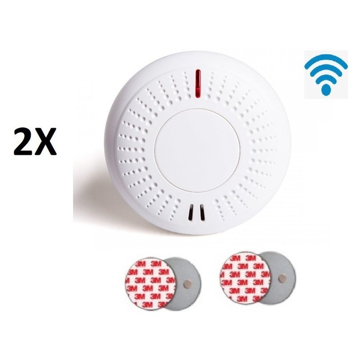 2x Detector de incendiu si fum Secutek VIP-909R - RF + 2x Suport magnetic auto-adeziv pentru detectoare