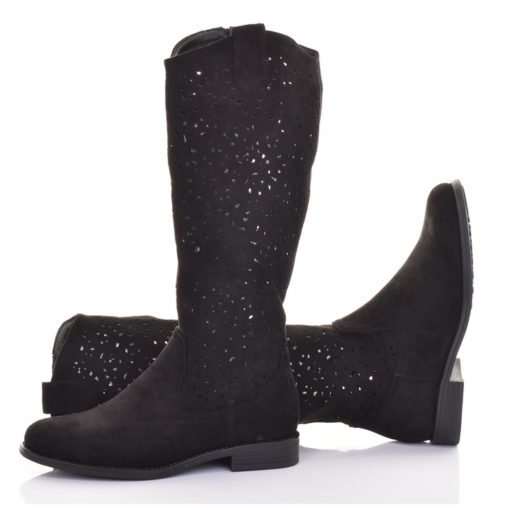 Cizme dama Martinus, piele ecologica, negre, ajurate, toc 3 cm, pana sub genunchi