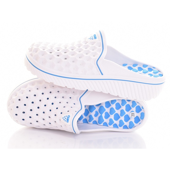 Papuci dama Martinus, spuma, respirabili, albi cu elemente albastre, medicali, de gradina