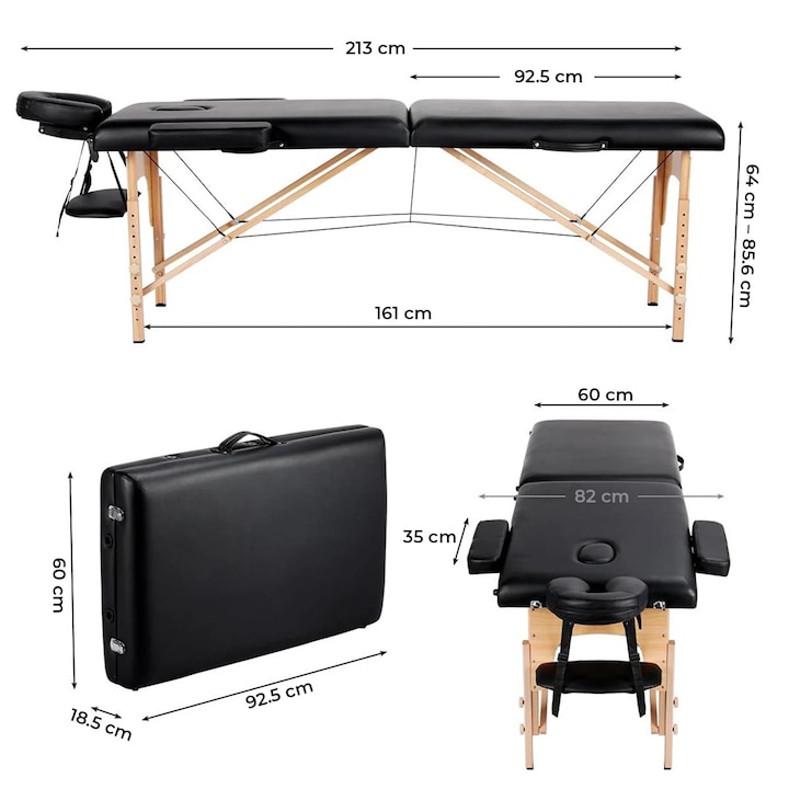 Elindor® Masszázsasztal fejtámlával, összecsukható és hordozható, univerzális, könnyen szállítható, kozmetikai ágy, szivacsmatrac, állítható magasság 64-86 cm, maximális teherbírás 100 kg, fa/műbőr, fekete