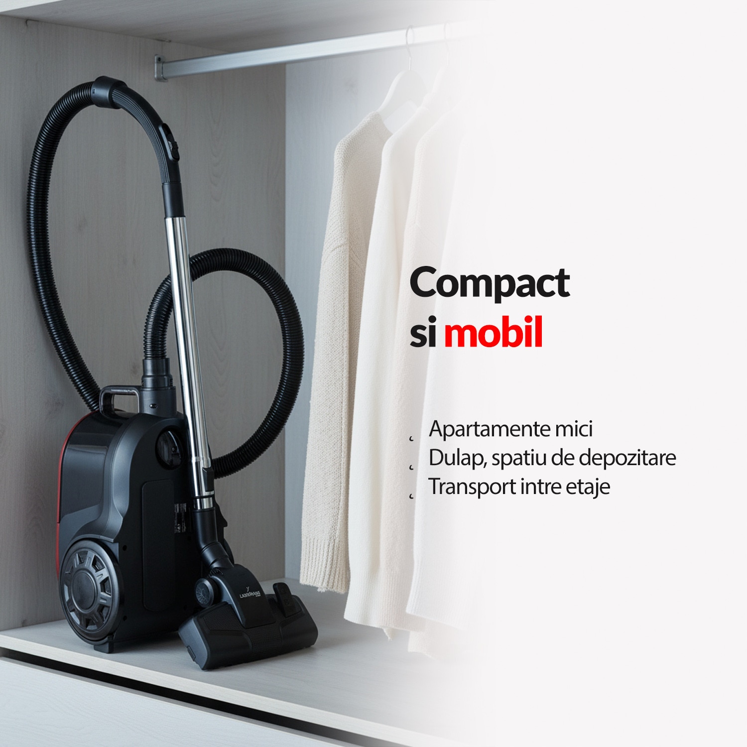 Aspirator ciclonic Lehmann Virelli, 900W, 19 kPa, 2 filtre HEPA, recipient 2.5L, negru, set complet accesorii