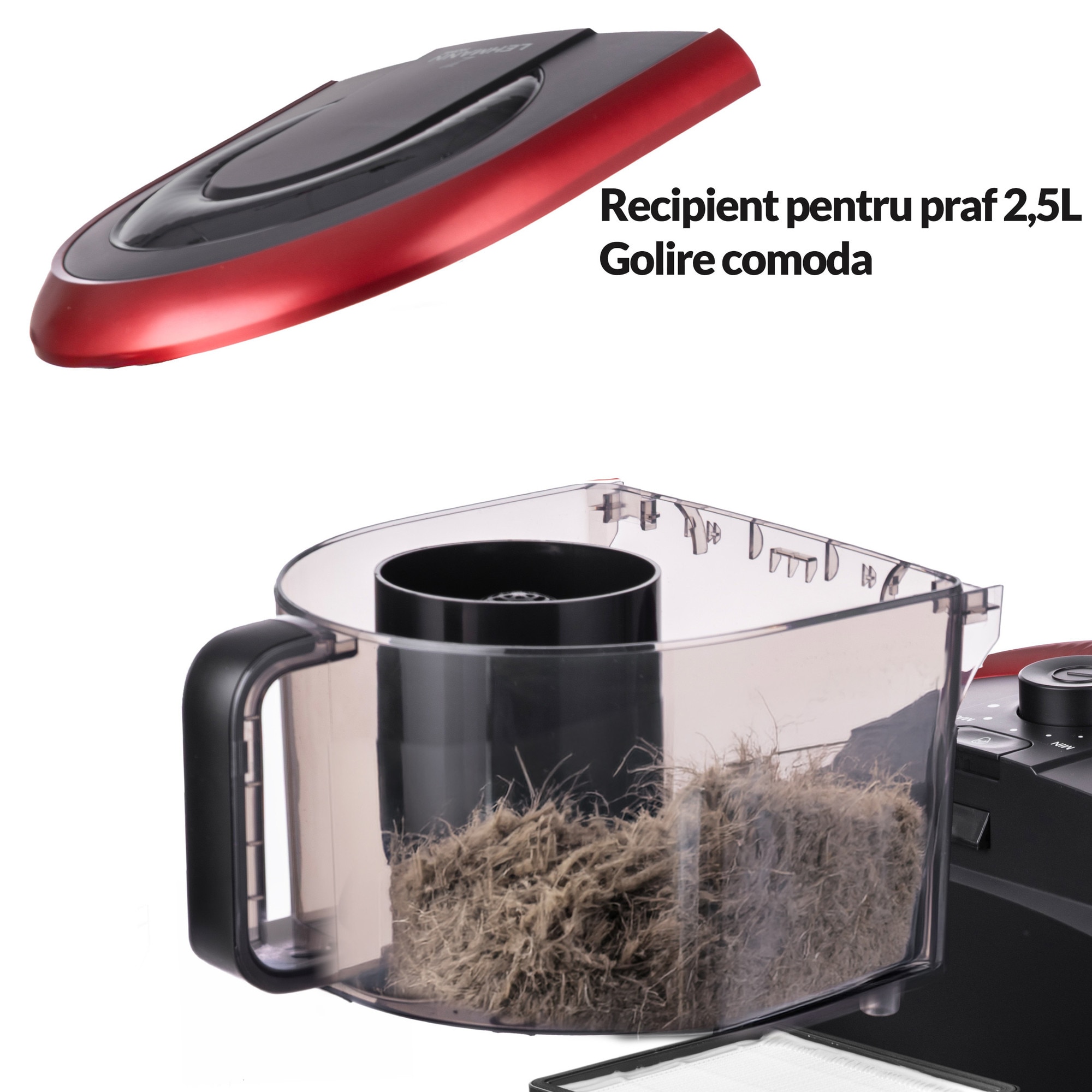 Aspirator ciclonic Lehmann Virelli, 900W, 19 kPa, 2 filtre HEPA, recipient 2.5L, negru, set complet accesorii