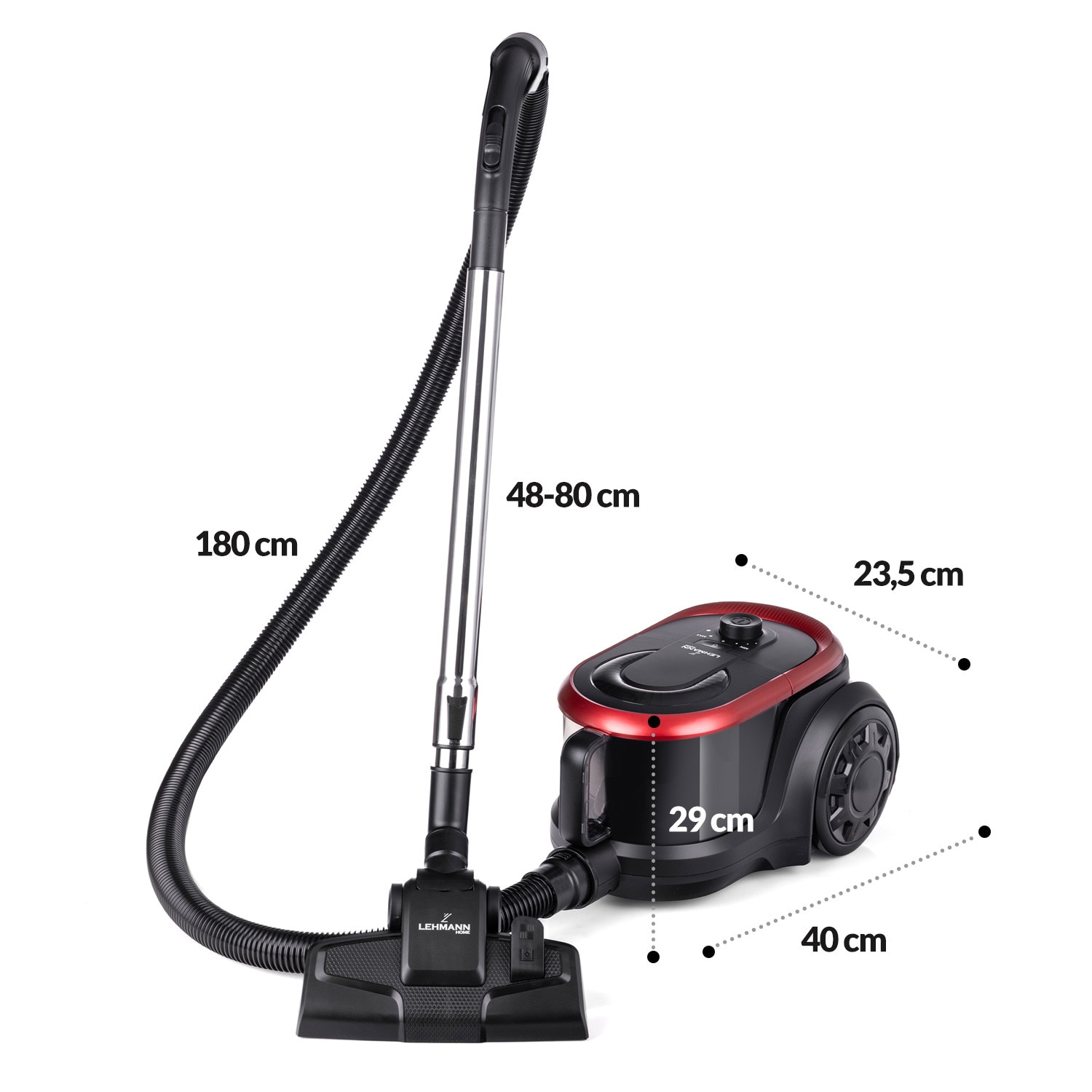 Aspirator ciclonic Lehmann Virelli, 900W, 19 kPa, 2 filtre HEPA, recipient 2.5L, negru, set complet accesorii