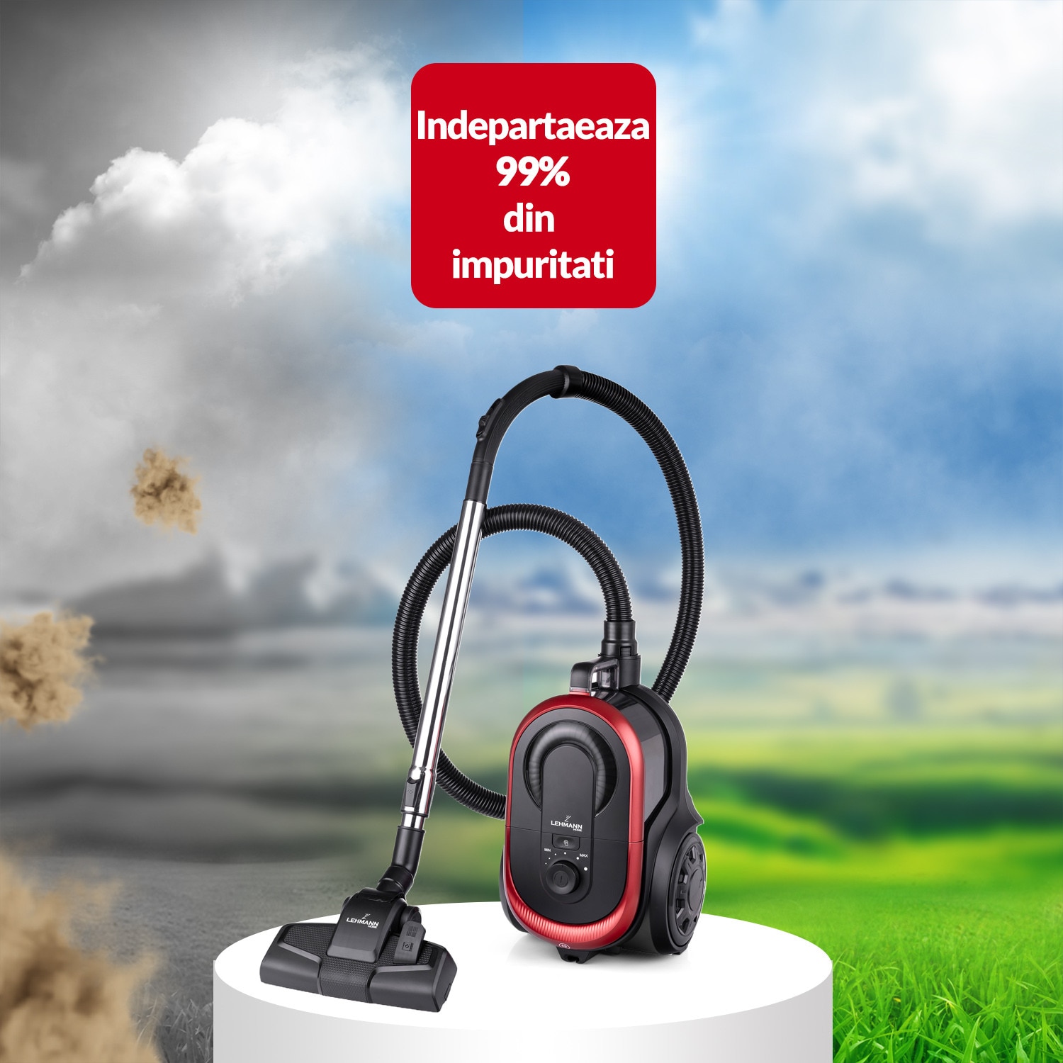 Aspirator ciclonic Lehmann Virelli, 900W, 19 kPa, 2 filtre HEPA, recipient 2.5L, negru, set complet accesorii