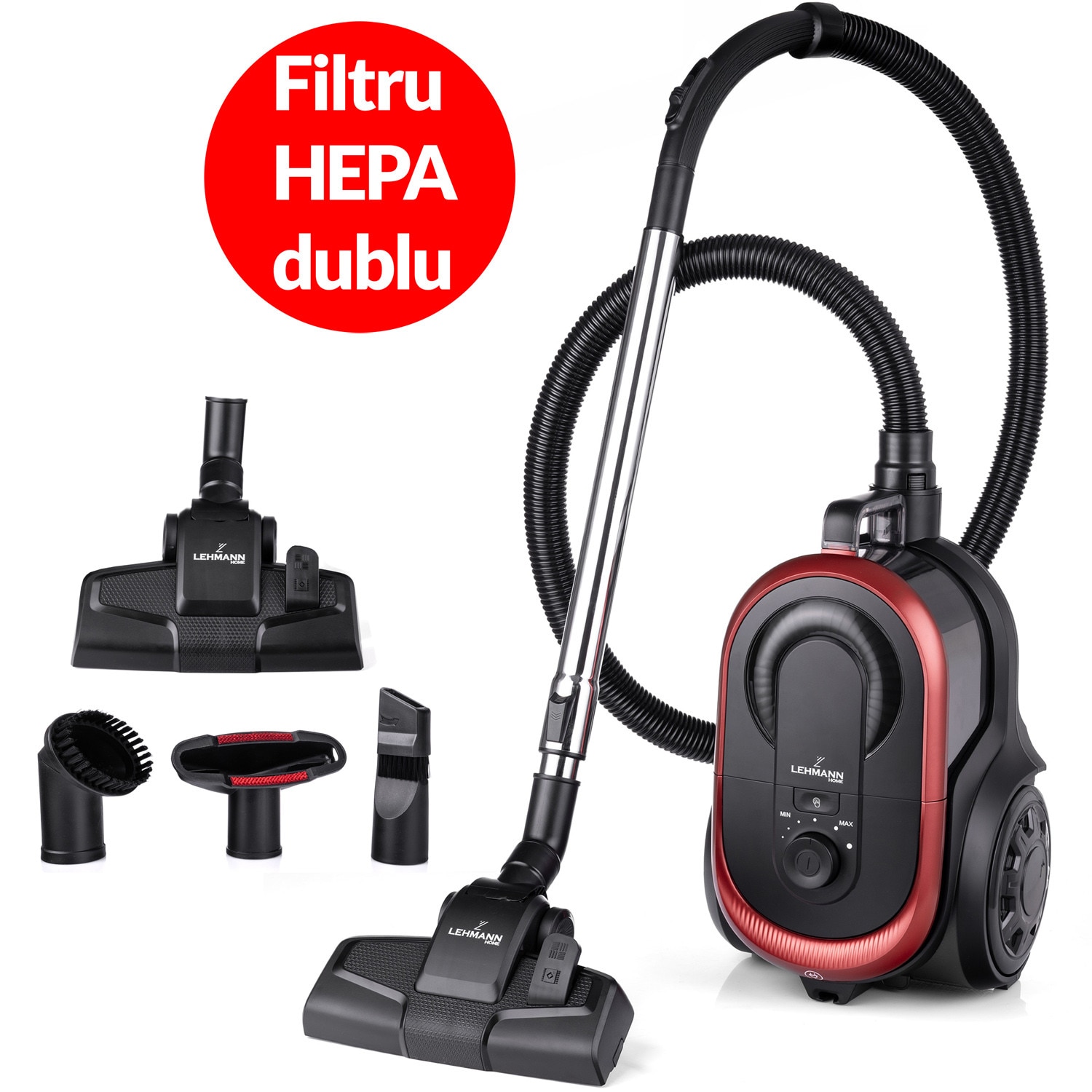 Aspirator ciclonic Lehmann Virelli, 900W, 19 kPa, 2 filtre HEPA, recipient 2.5L, negru, set complet accesorii