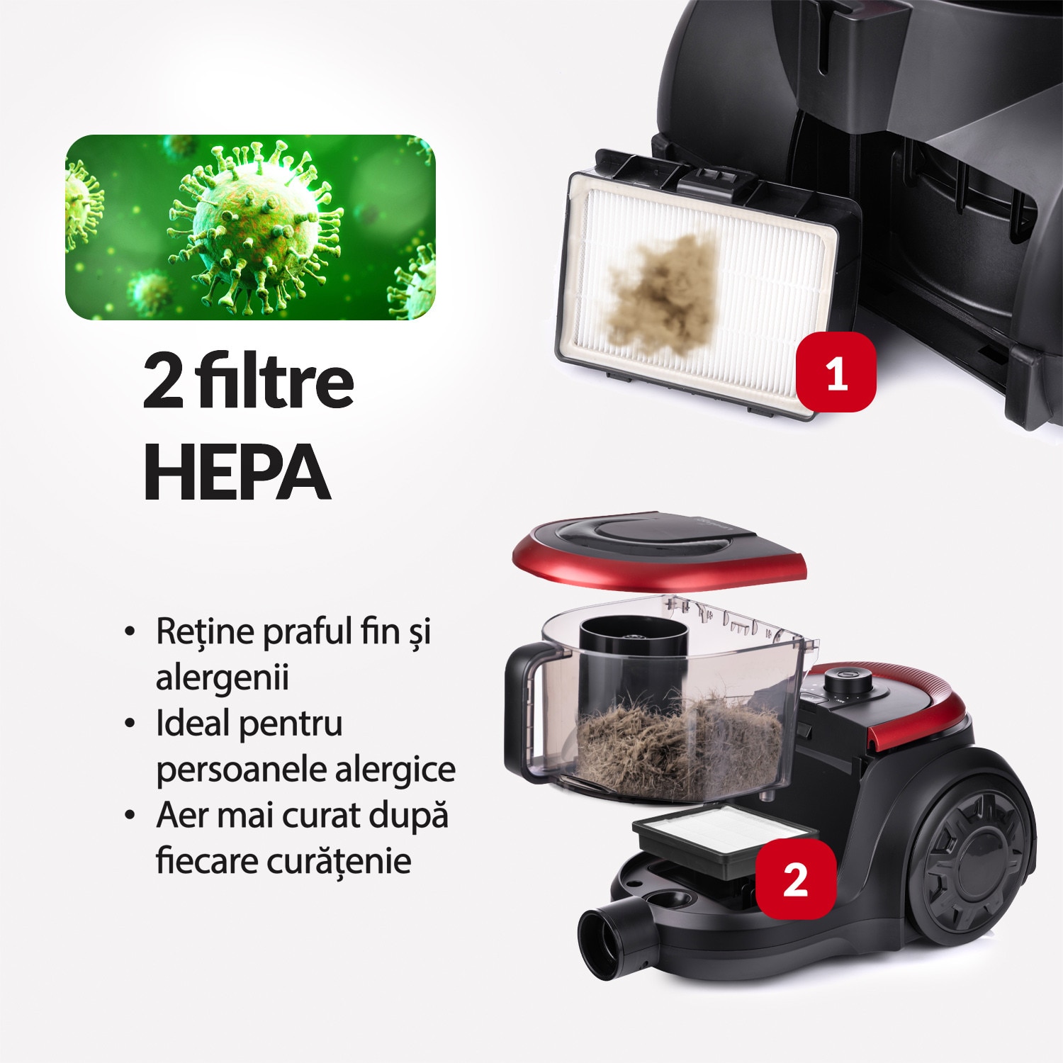 Aspirator ciclonic Lehmann Virelli, 900W, 19 kPa, 2 filtre HEPA, recipient 2.5L, negru, set complet accesorii